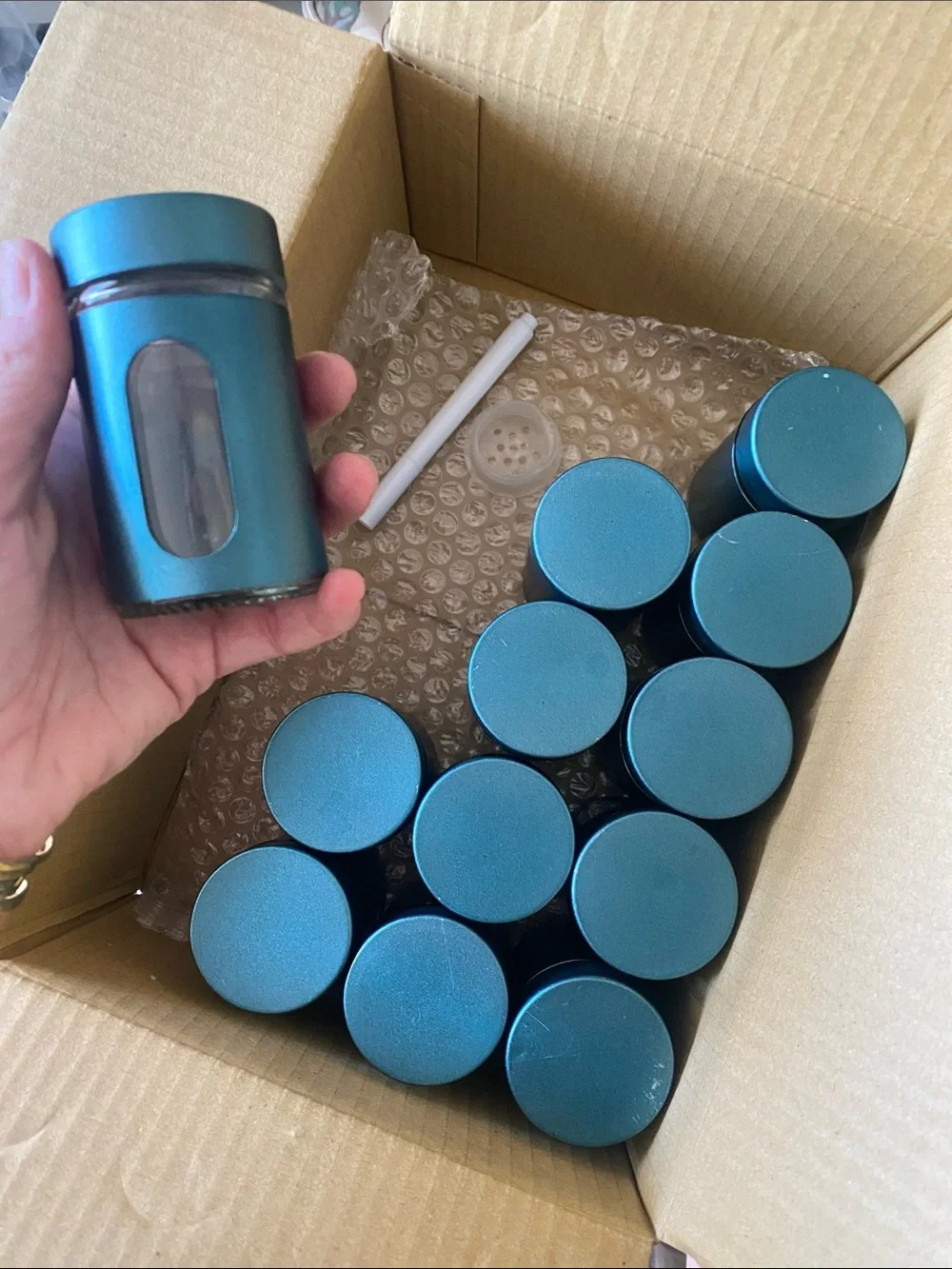 🌼 Never Used Teal Blue Glass Spice Jars with Window (Set) of 12
